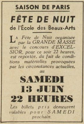 Report du Bal : Insertion dans le journal "Excelsior" du 06/06/1936.